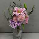 Artificial Fake Faux Flowers Silk Flower Arrangements Bouquets with Lilies, Buttercup, Hydrangea, Chrysanthemum, babysbreaths (Pink)p, And Vase