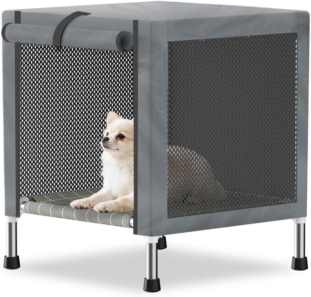 Small Stainless Steel Elevated Dog Crate with Cover, 2-in-1 Indoor & Outdoor Raised Pet House, Rust-Proof Dog Kennel with Silicone Anti-Slip Feet, Tool-Free Assembly