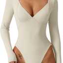 QINSEN Women's Long Sleeve Bodysuit V Neck Body Suits Seamed Cup Going Out Tops Shirt (Beige, L)