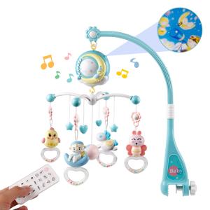 Mini Tudou Baby Musical Mobile Crib with Music and Lights, Timing Function, Projection, Take-Along Rattle and Music Box for Babies Boy Girl Toddler Sleep (Blue)