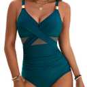 Blooming Jelly Womens One Piece Swimsuit Metal Modest Tummy Control Bathing Suit Slimming Full Coverage Mesh Swim Suits (Large, Peacock Green)