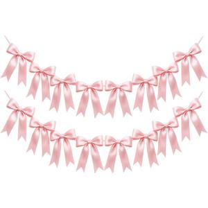 2 Strings of 16PCS Pink Bow Garlands Banner Decoration,Pre-Strung Satin Ribbon Ornaments for Birthday,Bachelorette Party,Bridal Shower, Wedding,Engagement,Baby Shower, Graduation Deco,Anniversary