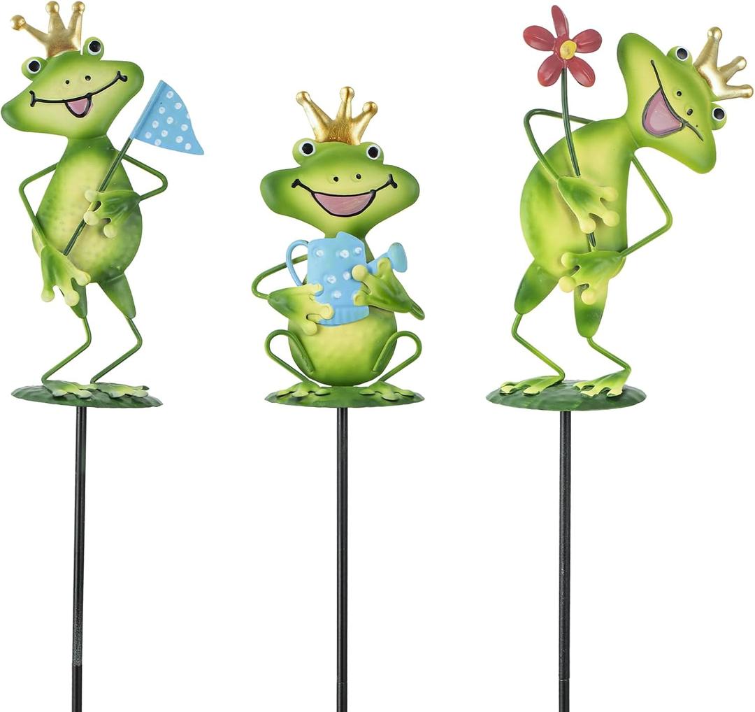 3 Pack Metal Garden Stakes, 14.2" Frog Garden Stakes for Spring Decor, Metal Yard Art for Outdoor & Outside Lawn Patio Pathway Decoration