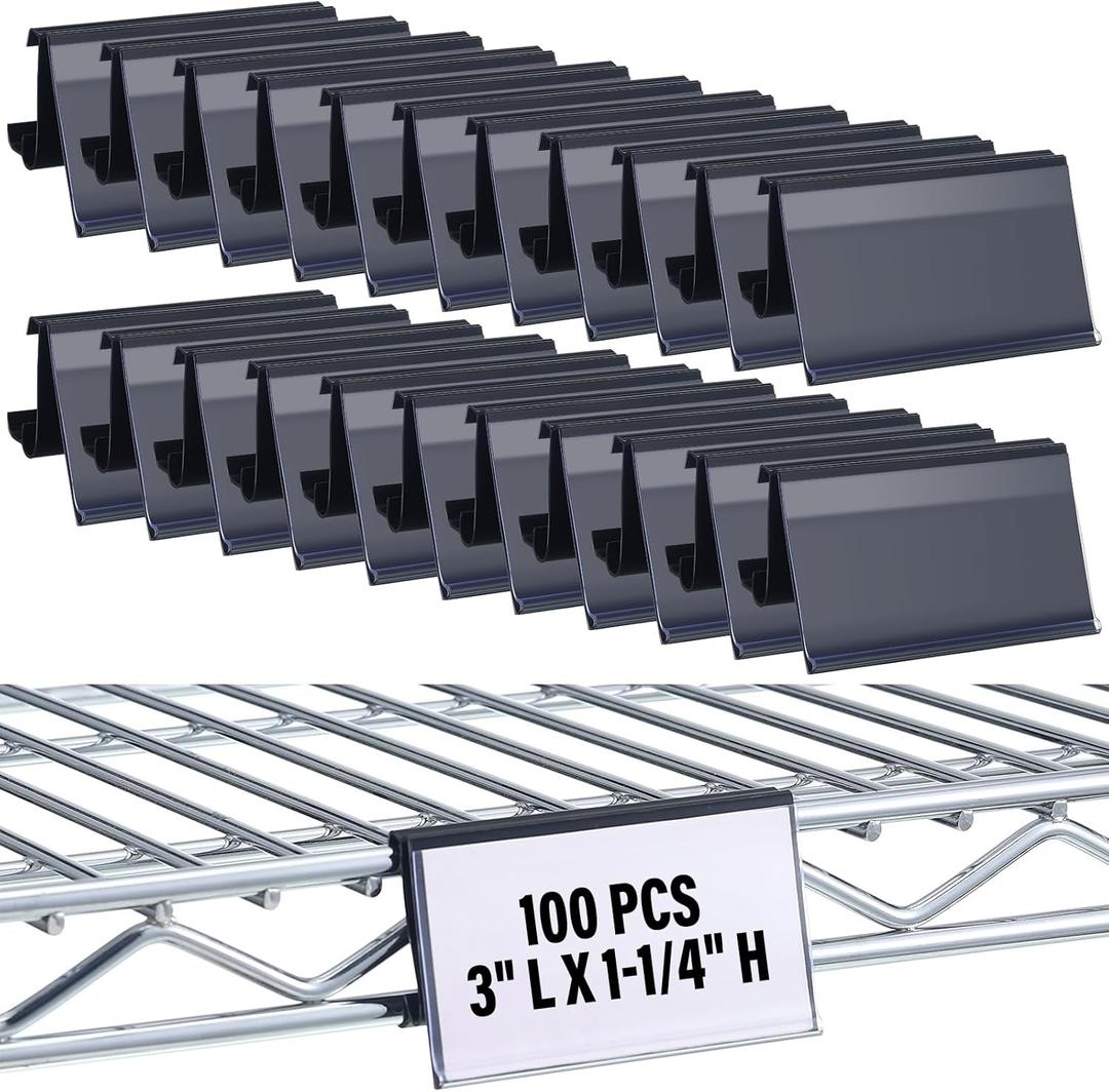 Kathfly 100 Pcs Wire Shelf Label Holders Compatible with Metro 1-1/4in Shelves, Plastic Wire Rack Label Holder 3 l x 1.25 H Price Tag Shelf Clips On, Black