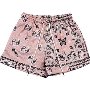 Men's Paisley Shorts Drawstring Bandana Print Casual Workout Athletic Basketball Beach Boxing Summer Shorts (Pink, XS)