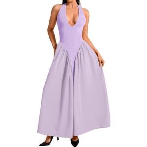 ChiaoLezhee Deep V Neck Dress, Halter Maxi Dresses, Vacation Date Night, Sexy for Women Corset Flowy Wedding Guest Drop Waist Bridesmaid A Line Pastel Backless Semi Formal, Lavender Purple, Medium