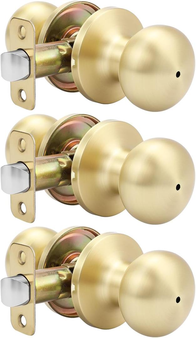 goldenwarm Gold Interior Door Knobs, Bedroom Door Knob, Door Knobs Interior Bulk, Brushed Gold Privacy Door Knob for Bedroom or Bathroom(3 Pack)