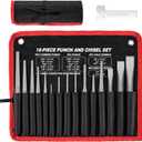 16 Pcs Punch and Chisel Set with Storage Bag, Including Taper Punch, Center Punch, Pin Punch, Cold Chisels and Chisel Gauge for Mechanic and Carpenter