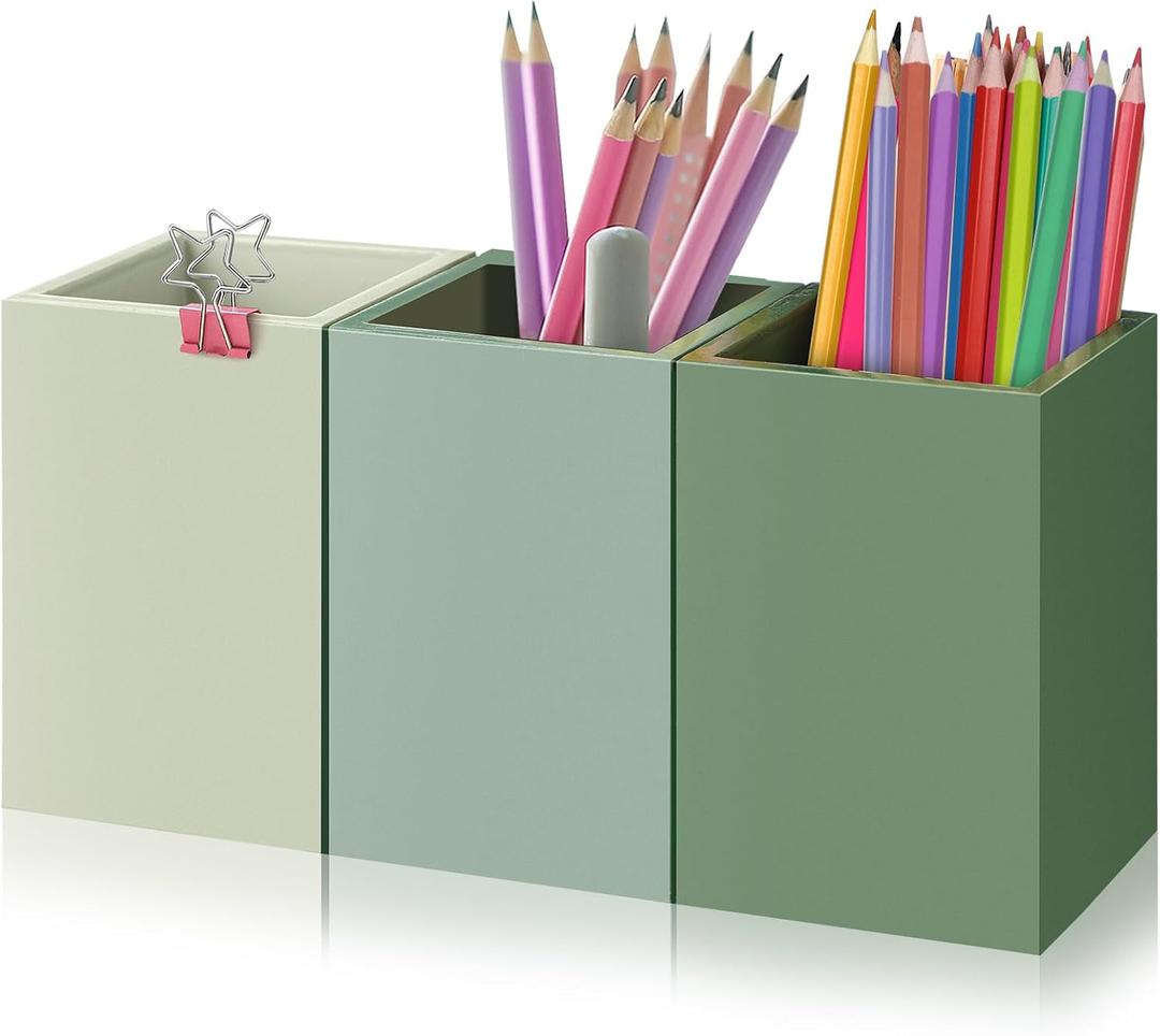 Motiskyy 3 Pcs Back to School Pen Holder Sage Green Wooden Office Desk Accessories Teacher Appreciation Gift Desktop Organizer Storage Essentials Case for Office Home Supplies