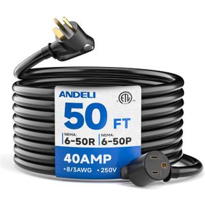 ANDELI 40Amp 50ft Welder Extension Cord 8 AWG [ETL Listed], 250V NEMA 6-50 Heat-Resistant Welding Cord 3 Prong for MIG/TIG/MMA Welder, Plasma Cutter8-50ft