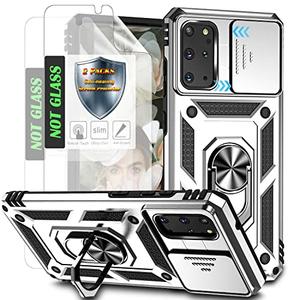 AYMECL for S20+ Phone Case,Galaxy S20 Plus Case with 2 Pcs Self-Healing Film,Slide Camera Cover Protective Case with Magnetic Ring Kickstand for Galaxy S20+ Plus 5G,Silver