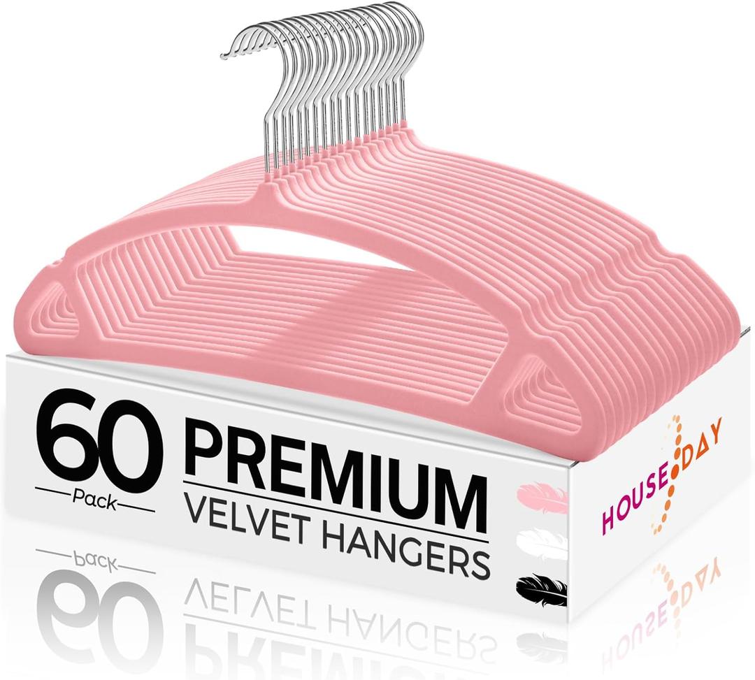 HOUSE DAY Pink Velvet Hangers 60 Pack, Luxury Felt Hangers Non Slip Space Saving Pink Clothes Hanger Heavy Duty Coat Hanger, No Shoulder Bump Focked with 360 Swivel Hook for Closet