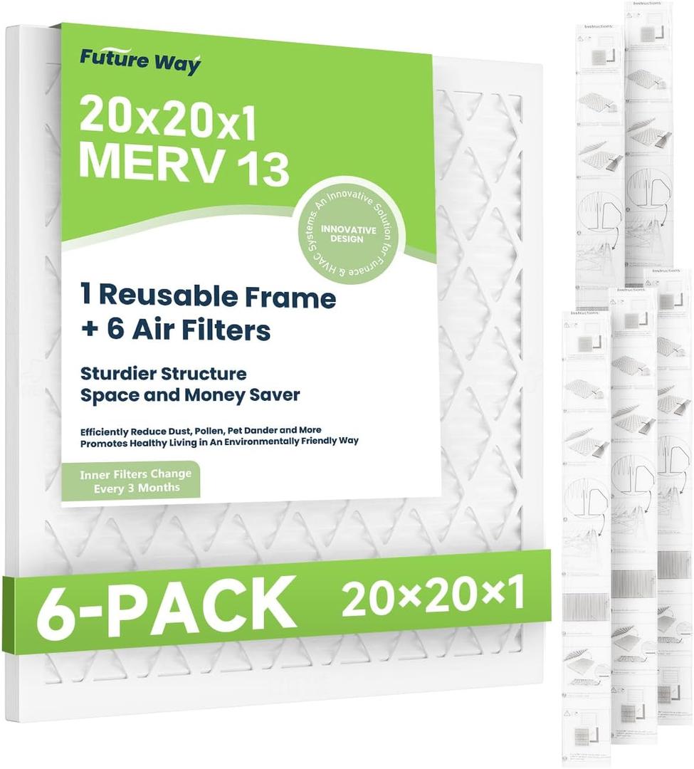 Future Way 20x20x1 Air Filters, 6-Pack with Reusable Frame, MERV 13, MPR 1900 AC Furnace Filters, Space Saving & Cost-effective
