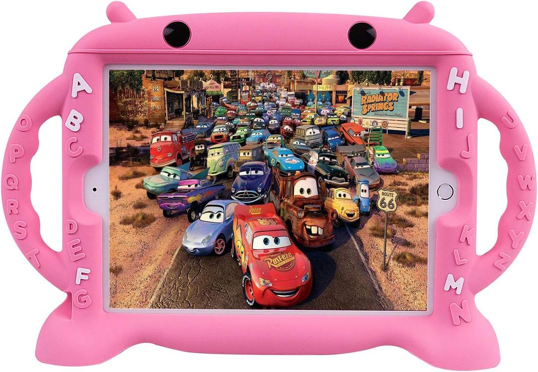 CHINFAI Kids Case for iPad, Cute Cartoon Case for iPad 2017 2018 9.7 inch, Case for iPad Pro/iPad Air 1 2, Shockproof Silicone Protective Cover with Self Stand[BPA Free][Side Handles] (Pink)