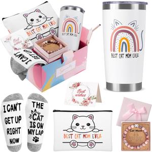 Cat Mom Gifts for Women, Cat Lover Themed Basket With 20 oz Tumbler, Makeup Bag, Natural Stone Bracelets, Socks for Mom,Mother's Day, Birthday, Christmas