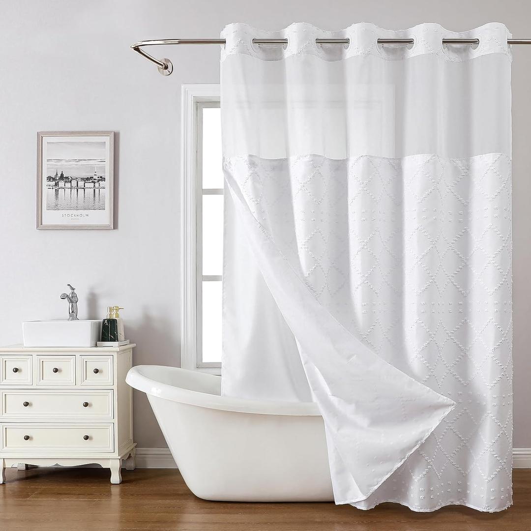 Eachope White No Hook Shower Curtain with Fabric snap in Liner Set, Boho Tufted Chevron Striped Shabby Chic Textured Shower Curtain with a mash Top Window, Hotel Decor, 71" W x 74" L