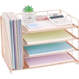 OPNICE 4-Tier Paper Organizer with Magazine Holder, Desk Organizers and Accessories, Office Desk Accessories & Workspace Organizers, Desktop File Organizer for Office Supplies Storage, Rose Gold (15" x 8.8" x 9.4")