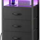 Huuger Night Stand with Charger Station and LED Lights, 3 Drawer Nightstand, Bed Side Table with Open Shelf, End Table, Tall Fabric Dresser for Bedroom, Black (11.8"D x 15.7"W x 27.6"H3 Drawers)