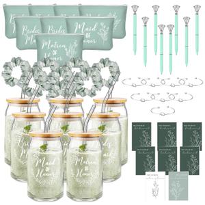 Irenare 48 Pcs Bridesmaid Proposal Gifts Maid of Honor Gifts Bridal Shower 16oz Glass Cups Cosmetic Makeup Bags Invited Cards Scrunchies Hair Knotted Bracelets Diamond Pens (Green)