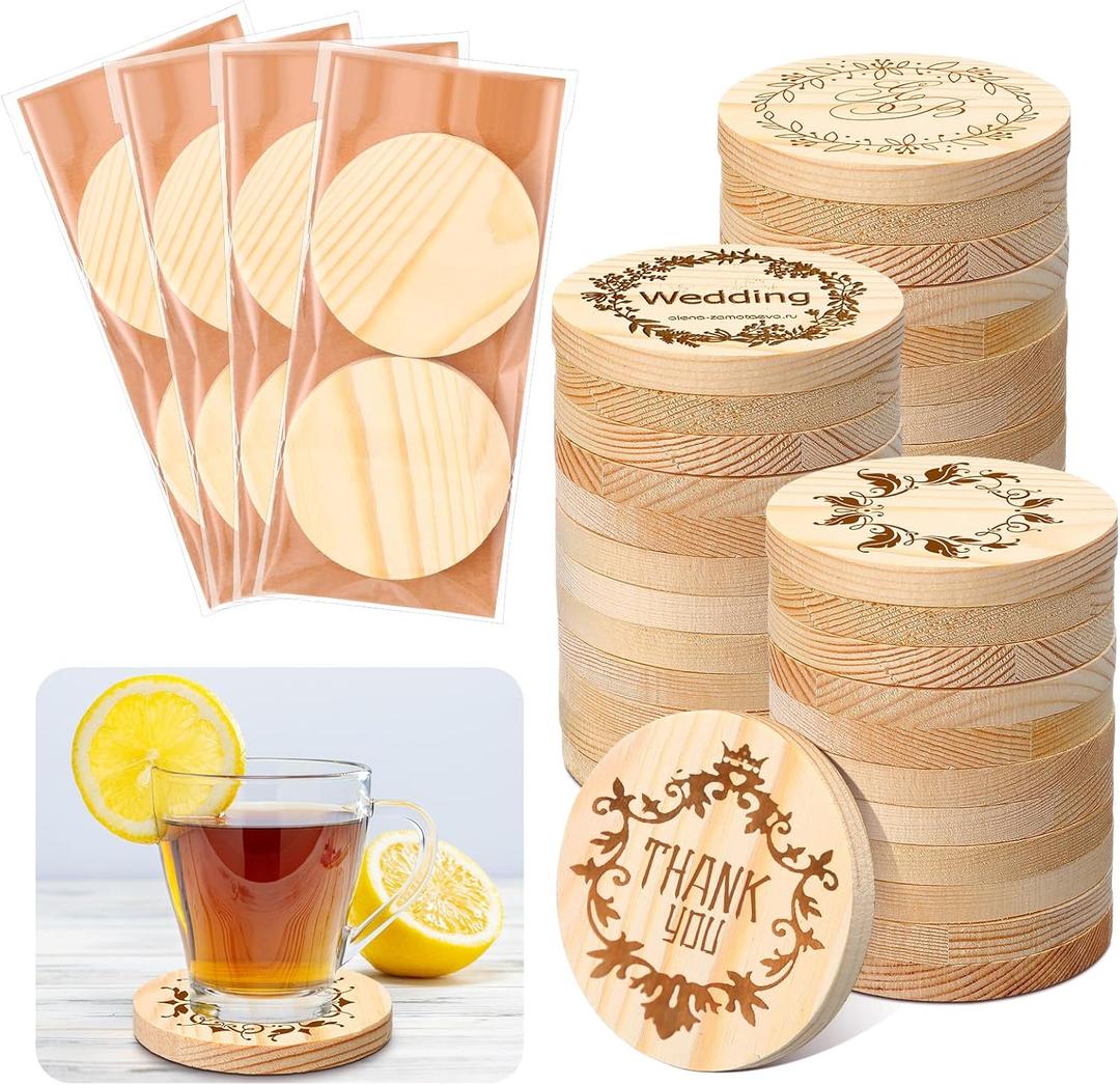 Hushee 108 Pcs Wood Car Coasters with Bags and Cards 2.75'' Sublimation Blanks Wood Cup Holder Coasters Wooden Slices Blanks Bulk Set Auto Accessories Car Cup Holder Coaster