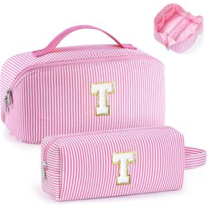 YOOLIFE Teacher Gifts for Women - Initial Make Up Bags for Women Teen Girls | Pink Makeup Bag Initial Cosmetic Bag Personalized Gifts for Mom Teacher Wife Girlfriend Sister Friend Birthday Pink T