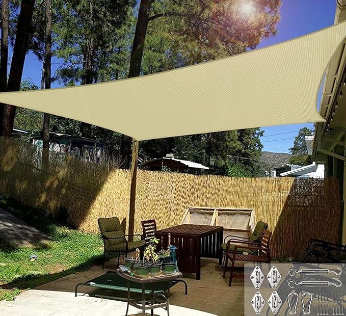 8' x 14' Sun Shade Sail Rectangle Outdoor Canopy Cover with Hardware Kit UV Block for Backyard Porch Pergola Deck Garden Patio Pool (Beige)