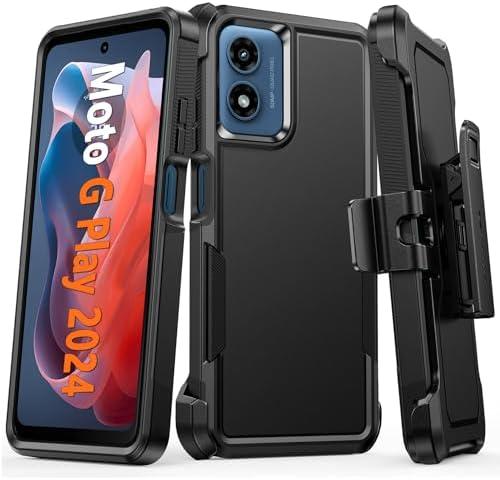 FNTCASE for Motorola Moto G-Play-2024 Case: Heavy Duty Drop Protection with Rugged Belt-Clip Holster & Kickstand Military Grade Shockproof Durable Protective Cell Phone Cover (Black)