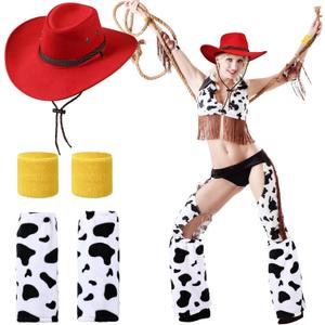 JenPen 3 Pieces Halloween Cowgirl Costume Set Cosplay Costume Accessory with Cowgirl Hat Socks and Wrist Band for Women Halloween Birthday Party