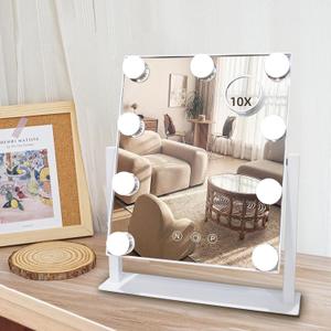 Hollywood Vanity Mirror with Lights, 9 Dimmable LED Bulbs Lighted Makeup Mirror with Detachable 10X Magnification Mirror, 1200mAh Rechargeable, 3 Color Lights, Gifts for Women Mom Teen Girls