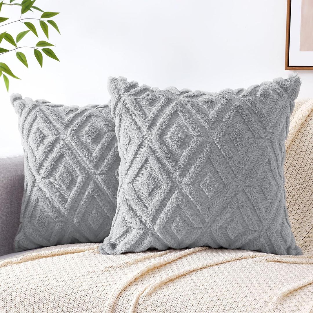 Pallene Spring Grey Throw Pillow Covers 18x18 Set of 2, Soft Plush Faux Fur Decorative Couch Pillow Covers for Sofa Bed Living Room Pillow Cases with 3D Diamond Pattern