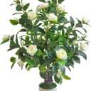 Artificial Camellia Tree 35in Faux Floral Plant with White Flowers and Green Leaves - No Maintenance Indoor Outdoor Office Home Porch Decor Housewarming Gift(1 Pack - White) (1pack-white)