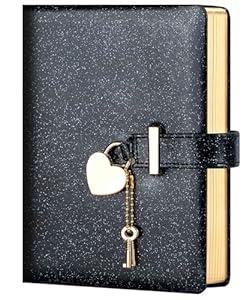 CAGIE Diary with Lock and Key for Girls Ages 8-12 Journal with Lock 296 Gold Edged Pages Heart-Shaped Locked Journal for Women Teen Girls with Gift Box, 5.3 x 7 Inch, Black