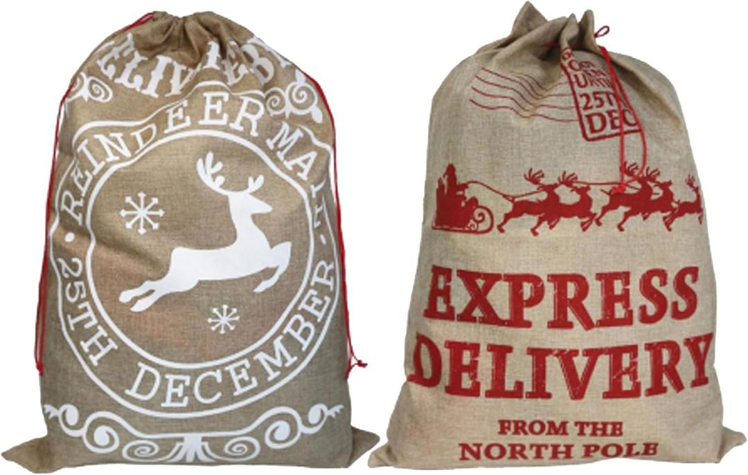 Hooin Christmas Sacks. 19.7''x27.6'' Large Linen Burlap Sacks. Xmas Hessian Drawstring Goody Gift Bag Pack of 2 (Red & White)