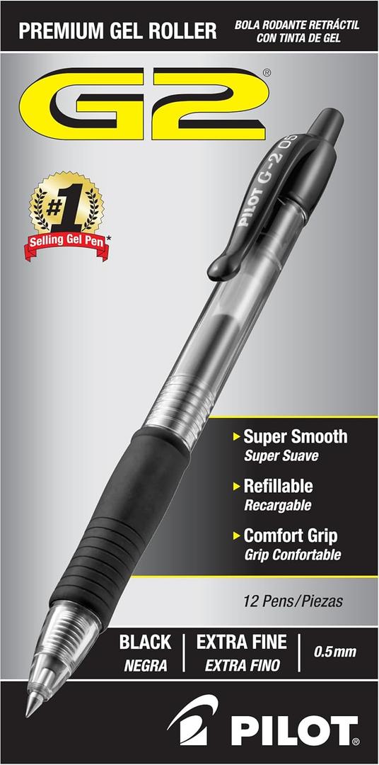 Pilot G2 Premium Gel Roller Pens, Extra Fine Point 0.5 mm, Gel Pens Black Ink, Pack of 12 - Ideal for School, Journaling & Office Writing
