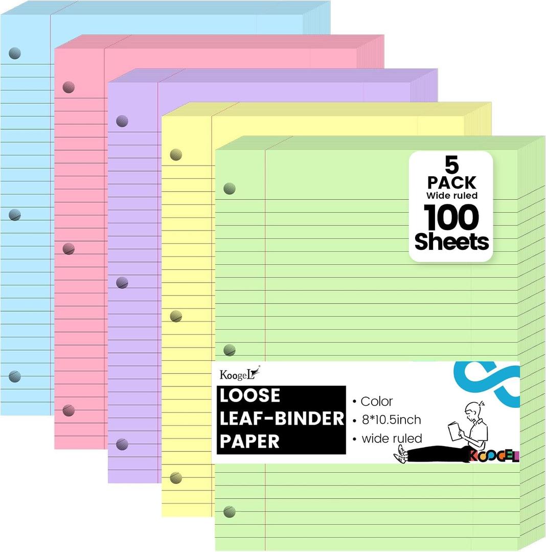 Koogel 5-Color Loose Leaf Paper, 500 Sheets Wide Ruled, 8 x 10.5 Inch, 3-Hole Punched for 3-Ring Binders, Perfect Notebook Paper Filler for Note-Taking, Ideal for Back to School Student & Professional