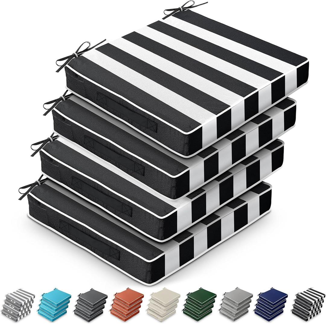 Leinuosen 4 Pcs Patio Cushion Covers 19'' x 19'' x 3'' Outdoor Cushion Covers Replacement Waterproof Slipcover Furniture Protectors with Zipper Ties Handle, Cover Only(Black Cabana Stripe)