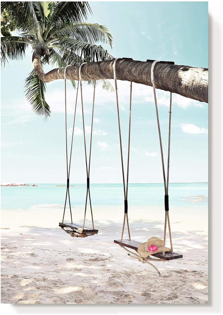 Beach Coastal Canvas Wall Art: Seaside Palm Tree Painting Ocean Swing Hanging on Coconut Trees Picture Light Blue Sky Seascape Artwork Decor for Living Room Bathroom 16" x 11"