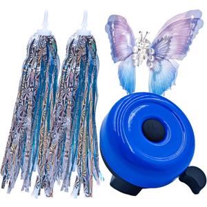 Children's Bicycle Bell - 1 Bicycle Bell with a Pearl Butterfly and 2 Handlebar Streamers for Scooter Tassels, Ideal for Kids' Bicycle Accessories. (Blue)