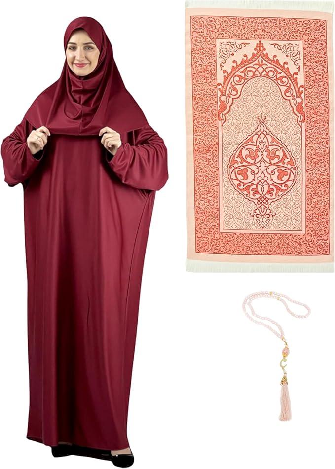 Prien Women Prayer Dress With Hijab Rug Tasbih Muslim Set Islamic Clothes Abaya Jilbab Dubai Kaftan For Eid Ramadan, One Size