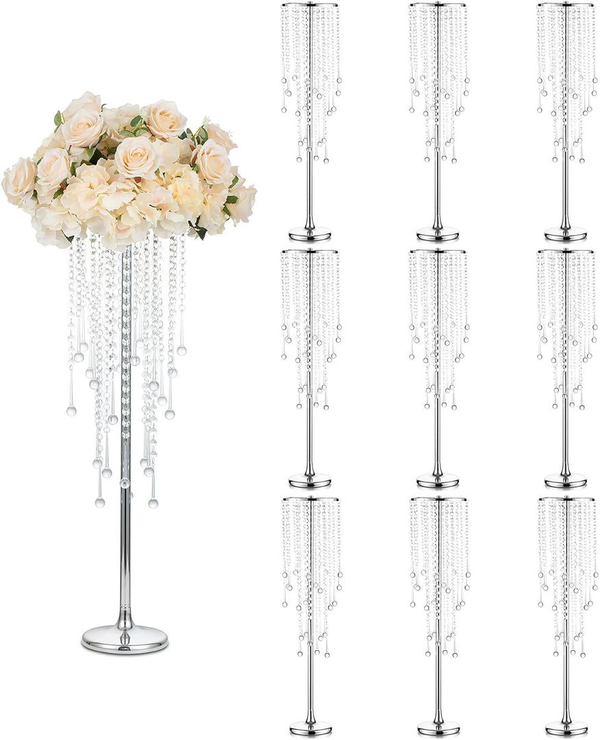 Sziqiqi Silver Tall Vases for Wedding Centerpiece - 29.5in Metal Flower Crystal Centerpieces Stand with Crystal Beads for Event Party Reception Center Piece Floral Arrangements