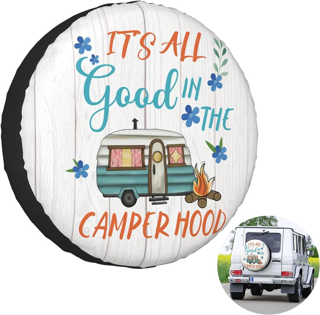 Spare Tire Cover It's All Good in The Camper Hood, Spare Tire Cover for RV Trailer, Waterproof Wheel Covers Universal Fit for Camper Travel Trailer SUV Truck 15 inch