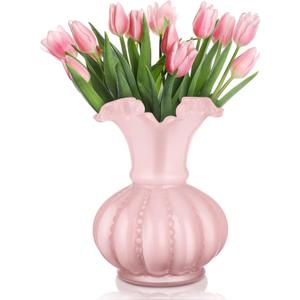Joeyan Handmade Pink Glass Flower Vase,7.9" Vintage Decorative Urn Vase for Centrepieces Bouquet Wedding,Colored Thickened Pedestal Decorations for Rustic Home Living Room Office Farmhouse