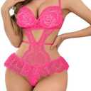 CRIPOM Sexy Lingerie for Women Naughty Teddy Lingerie Sets, Open Cup Lace Bodysuit Crotchless Lingerie Outfits, M