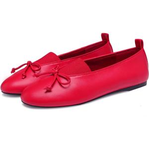 Ballet Flats for Women Cute Bow Round Toe Mary Janes Comfortable Faux Leather Slip On Ballerina Shoes (8, Red)