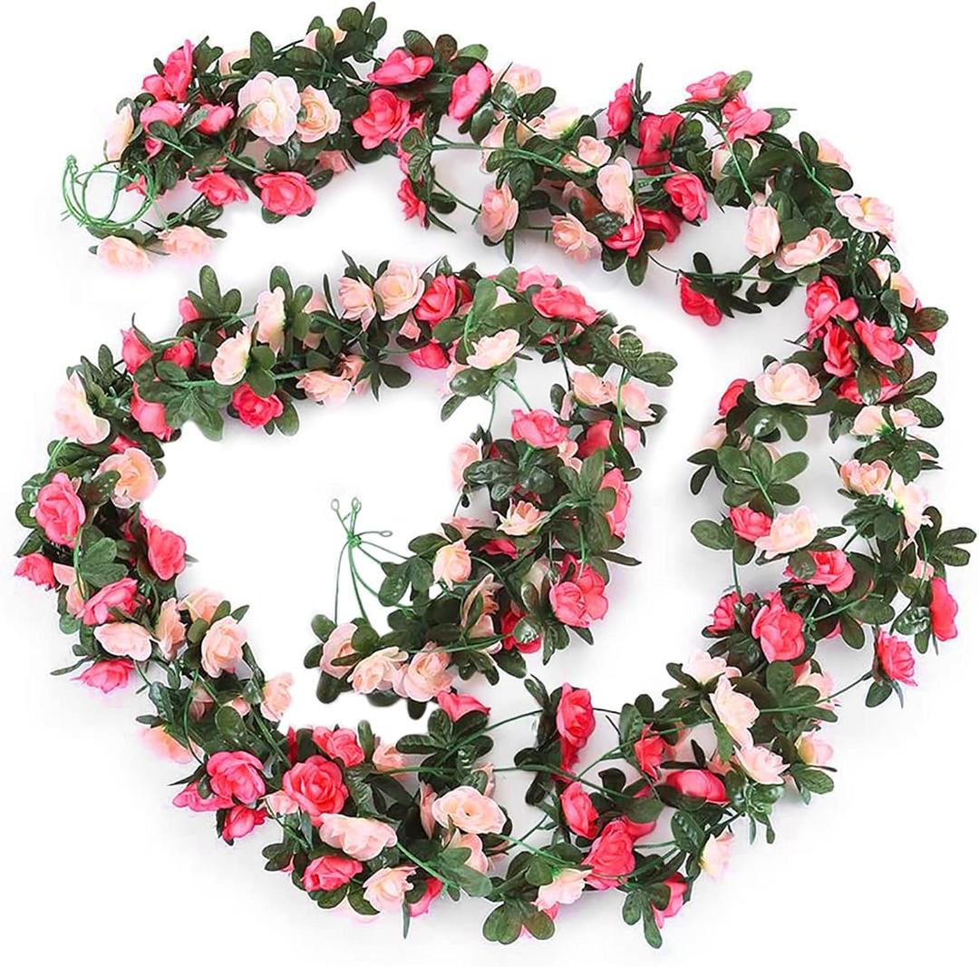 Syhonic 4pcs Artificial Flower Garland Fake Rose Vines Pink Rose Hanging Garland Silk Flower Ivy for Home Wedding Hotel Office Garden Arch Craft Art Dcor 8.2ft / pcs