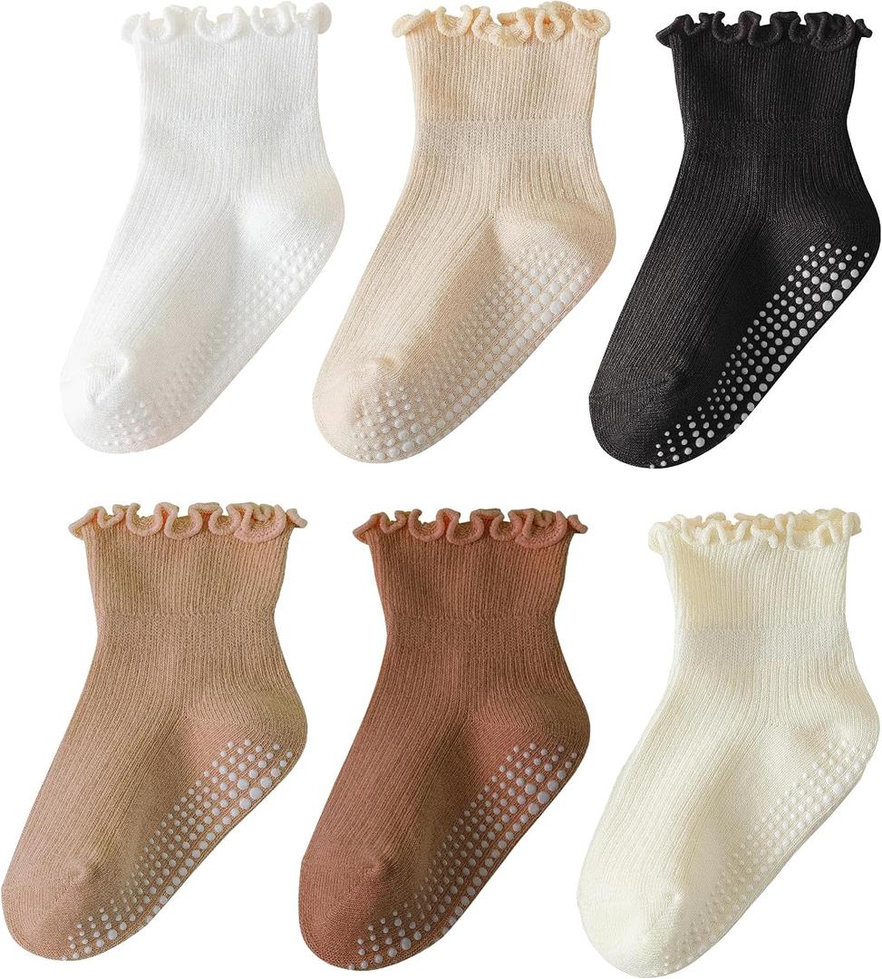 ANYANIME 6 Pairs Toddler Ruffle Socks for Girls Baby Grip Socks Non Slip Socks Cute Grippy Frilly