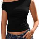 Women Off Shoulder Tops Sleeveless Polka Dot Floral Print Shirts Y2K Going Out Casual Crop Tops Streetwear (Black, M)