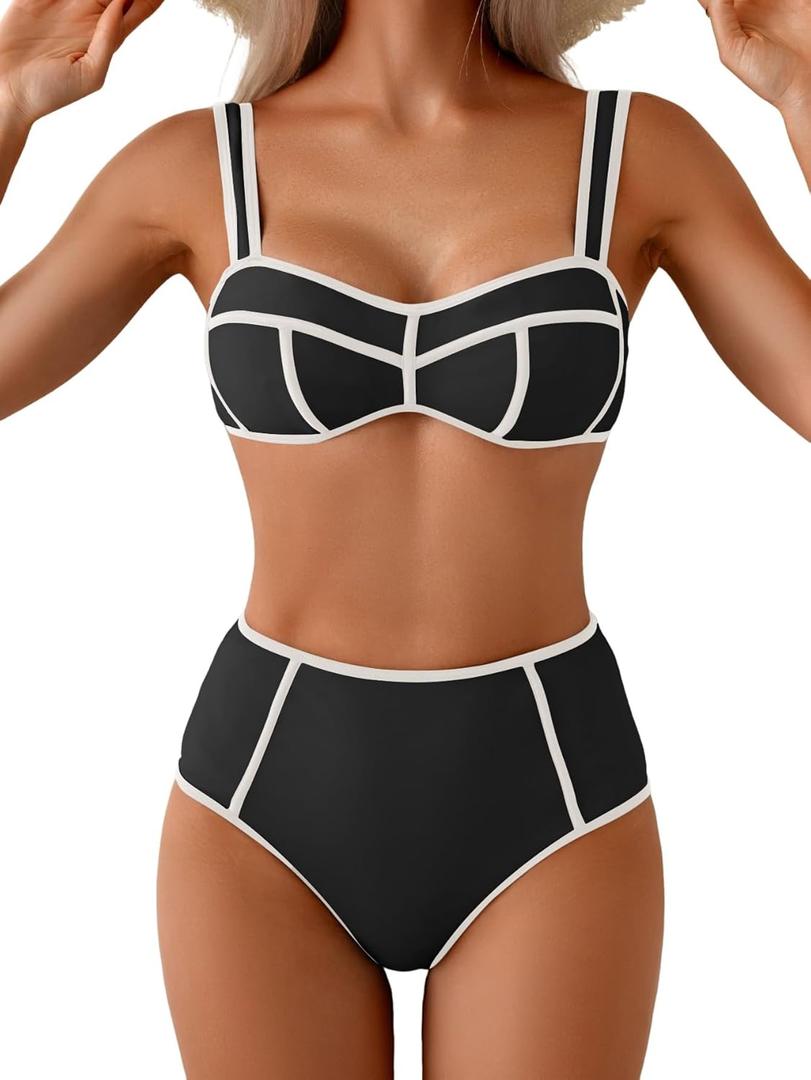 Eomenie Bikini Sets for Women Two Piece Swimsuits High Waisted Color Block Bathing Suits Tie Back Swimwear (Large, Black White)