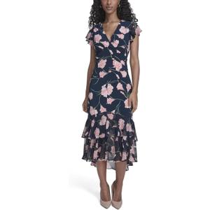 Tommy Hilfiger Women's Flutter Sleeve V-Neck Ruffle Trim Hi-Lo Midi Dress, Floral, Size 10