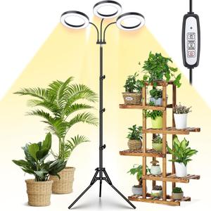 LORDEM Grow Light for Indoor Plants, Tri-Head Plant Light for Plants Growing, Full Spectrum Growth Lamp with Auto Timer for 4/8/12H, 4 Dimmable Levels, 216 LEDs, Height Adjustable Stand 24.4"- 67"